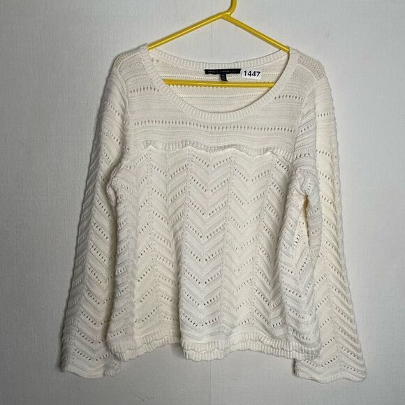 White House Black Market Cream‎ Sweater Size XL Open Knit Scalloped Neutral - Picture 4 of 9